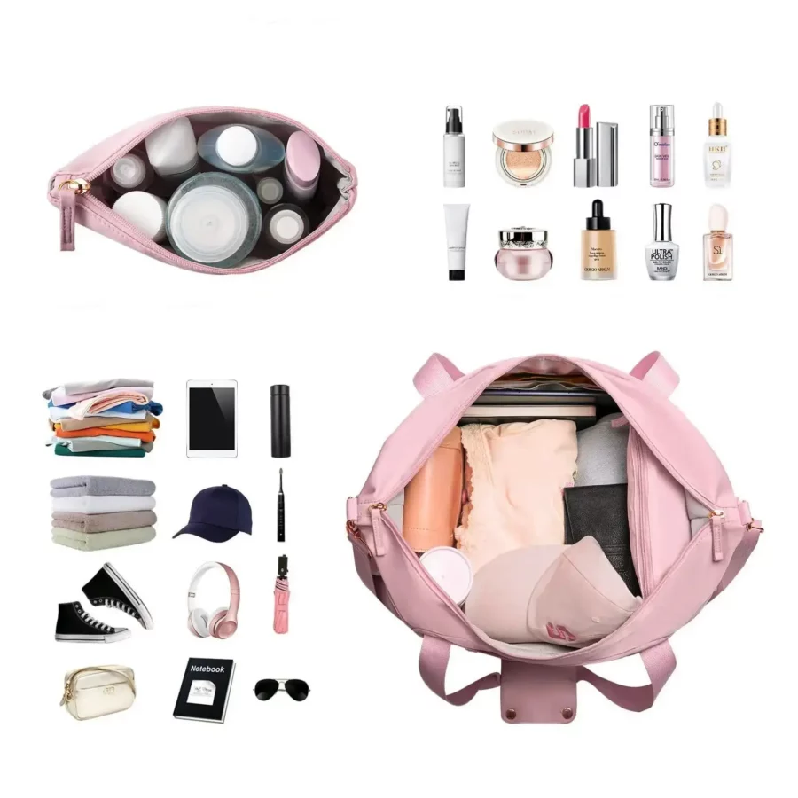 Praktisk rosa weekendväska för dam med necessär, elegant look med flera fickor för kläder och tillbehör.