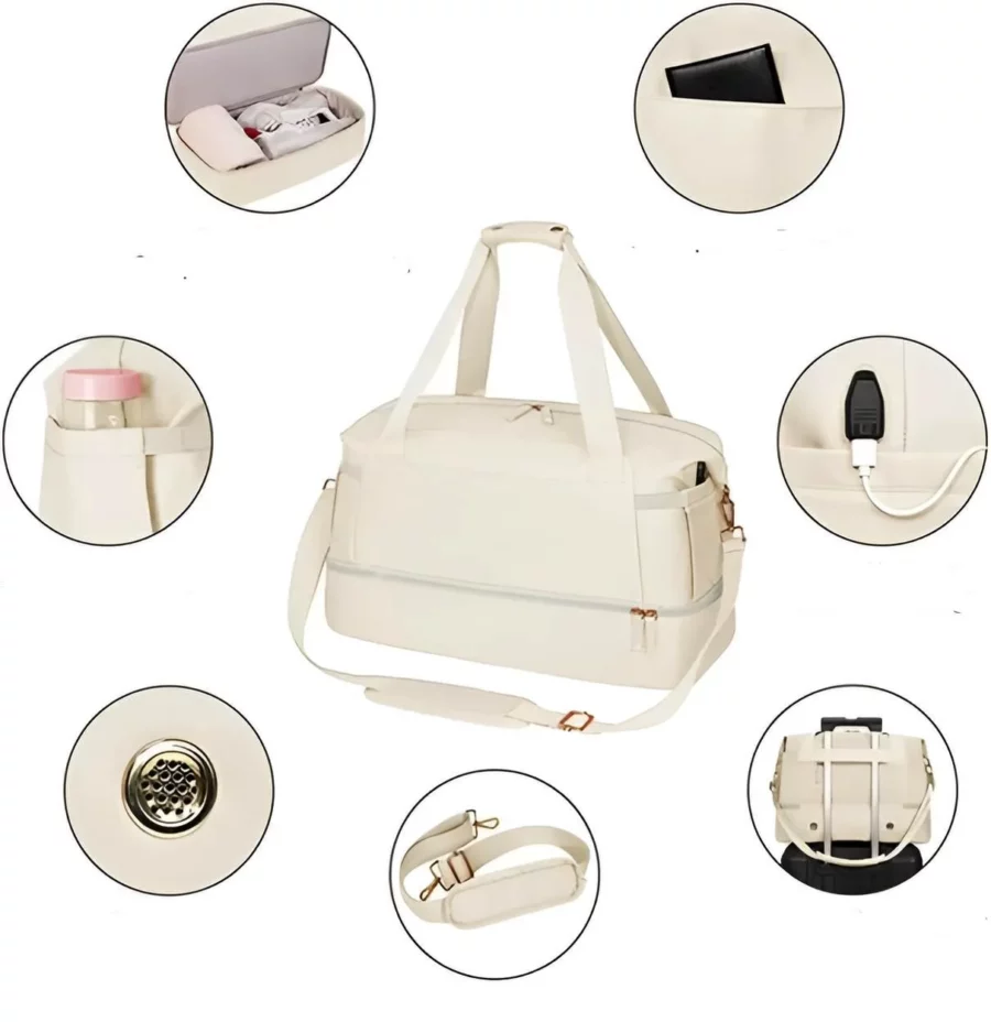 Elegant resväska dam beige med matchande necessär, multifack för kläder och accessoarer, idealisk för korta resor.