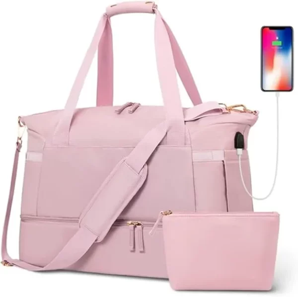 Rosa axelväska för dam med necessär, flera fack och USB-port, perfekt för vardag, sport och resor.