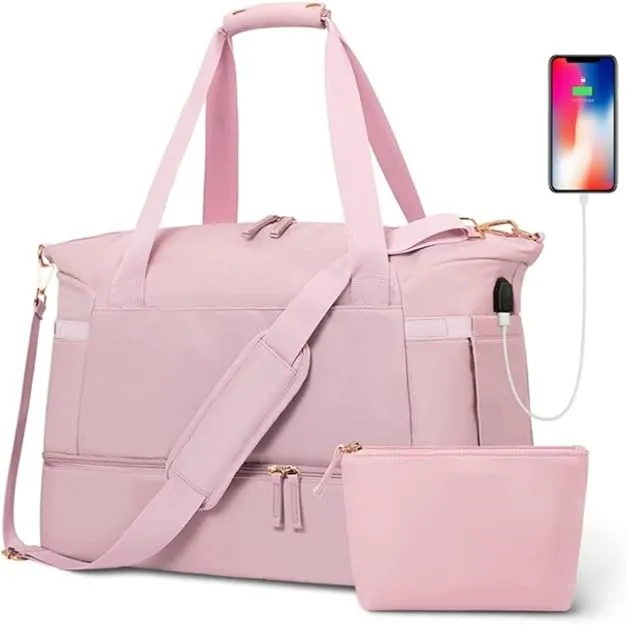 Rosa axelväska för dam med necessär, flera fack och USB-port, perfekt för vardag, sport och resor.