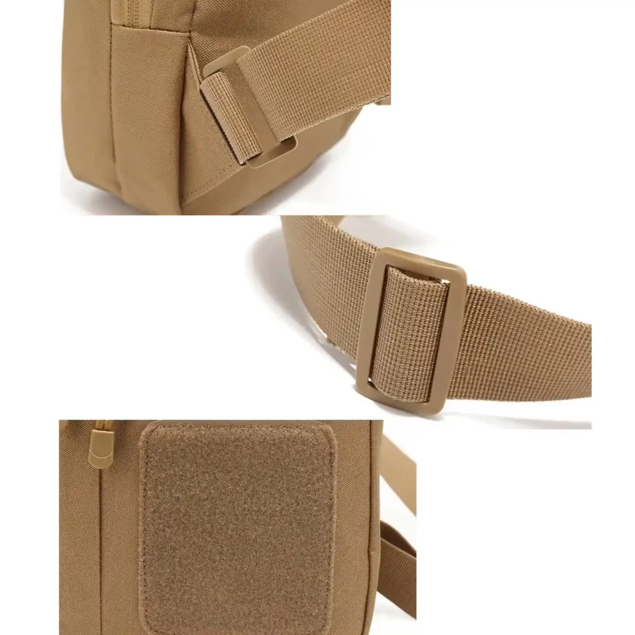 Beige axelväska med säker förvaring och starka dragkedjor. Militär stil med justerbar rem för perfekt komfort.