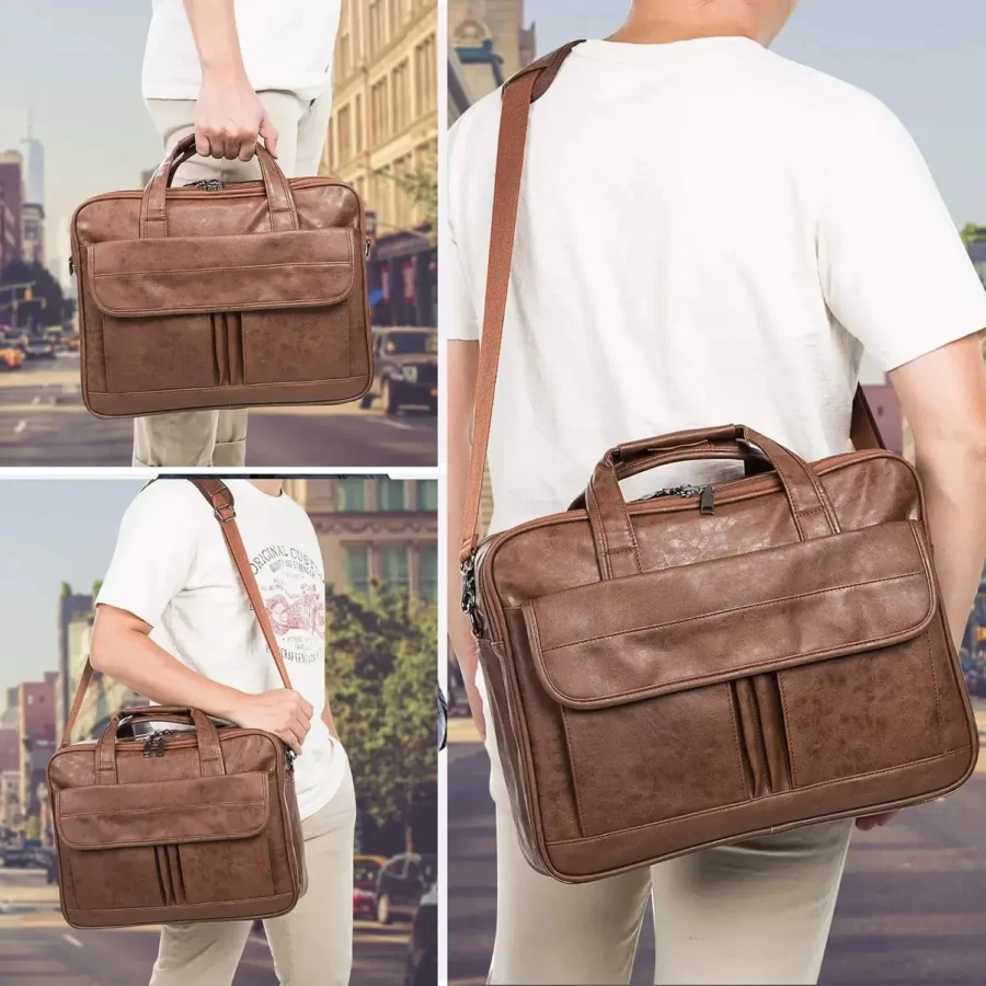 Modern brun dokumentväska med axelrem och förvaringsfickor. Elegant PU-läderdesign som kombinerar funktion och stil.