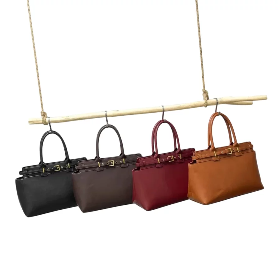 Handväskor för dam i svart, brun, röd och ljusbrun. Elegant kollektion med tidlös design och guldspänne, perfekt för stilmedvetna kvinnor.